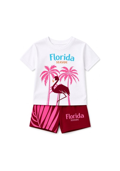Eray Alp Kids Unisex Çocuk Beyaz Flamingo Baskılı Tişört Şort Takımı Yazlık Günlük Model