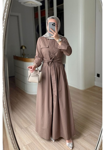 Kahijab Düğmeli Pile Detay Poplin Elbise - Kahverengi