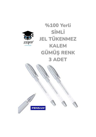 %100 Yerli Simli Jel Tükenmez Kalem Gümüş Renk 3 Adet Pensan Çok Renkli