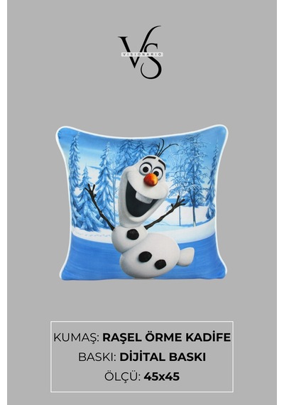 Kırlent Kılıfı Kardan Adam Desenli 45x45 Raşel Örme Kadife Çift Taraflı Dijital Baskı Beyaz Biyeli Çok Renkli