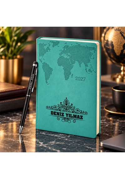Bk Gift Kişiye Özel 378 Termo Deri Tarihli Ajanda & Siyah Touch Pen Tükenmez Kalem-13 Turkuaz