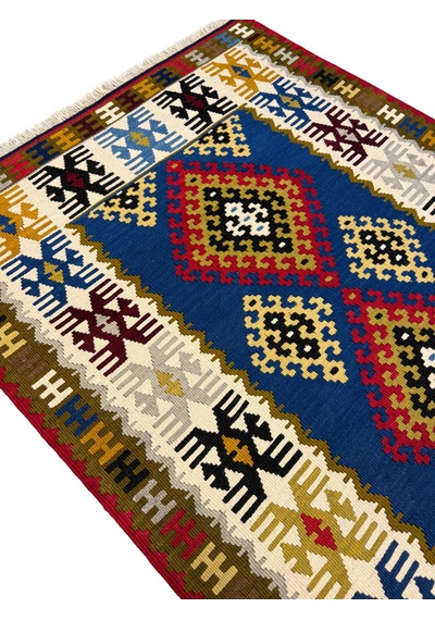 El Dokuma Sıfır Yahyalı Kilimi 110x200 Kök Boya Mavi Kahve %100 Yün Kilim Renkli