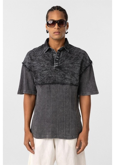 Vamos Yıkamalı Triko Oversize Polo Yaka Tişört V70-53 Siyah