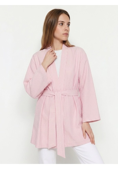 Saade Sââde Kadın Dikey Çizgili Geniş Kollu Şık Yazlık Relaxed Kimono Pembe