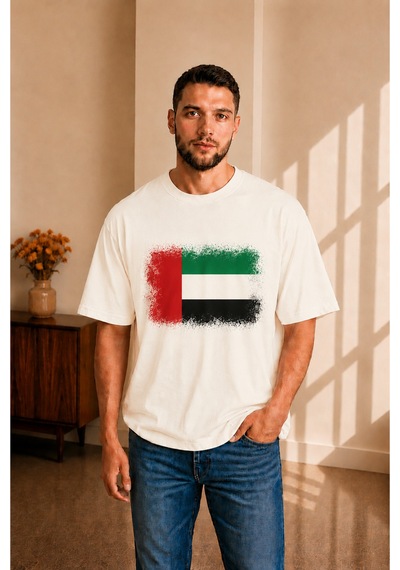 Sngl Tekstil Erkek Oversize Bae Bayrak Baskılı Kısa Kollu Tişört S M L Xl 2xl Ekru