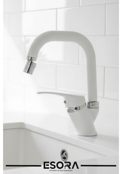 Beyaz Krom Köşe Borulu Banyo Lavabo Bataryası Musluğu Çeşmesi Oynar Başlıklı Çift Su Girişli