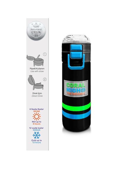 Coral High Kids Siyah Pipetli Ve Direkt İçim Çelik Termos 500 Ml 31929 Siyah - Yeşil