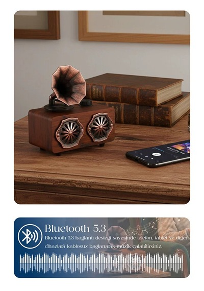 Nostaljik Retro Tasarım Gramofon Görünümlü Müzik Çalar 1500 Mah Fm/usb/tf Kart Desteği