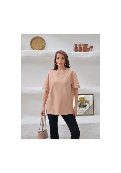 Paw Garage Kadın Mia İnterlok Kumaş Bisiklet Yaka Oversize T-shirt Somon