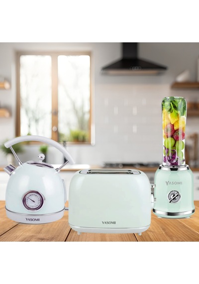 Yasomi Retro Kahvaltı Seti Su Isıtıcı Kettle + Smoothie Blender + Ekmek Kızartma Makinesi Bej