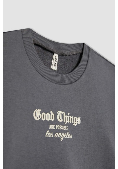 Defacto Kız Çocuk Baskılı Crop Bisiklet Yaka  Sweatshirt Askılı Atlet 2'li Takım B2517A823WNGR449 Gri