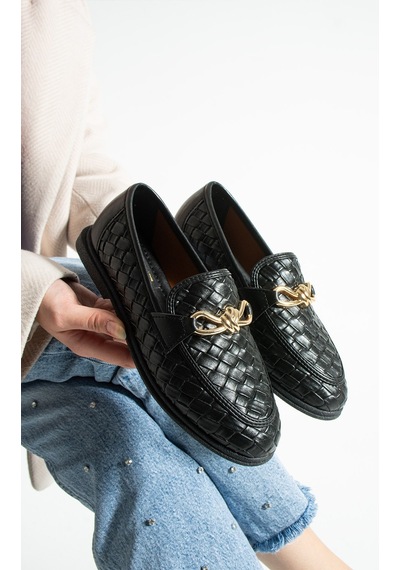Lebibe Shoes Maby Kadın Siyah Örgü Dokulu Zincir Detaylı Loafer Düz Ayakkabı Babet