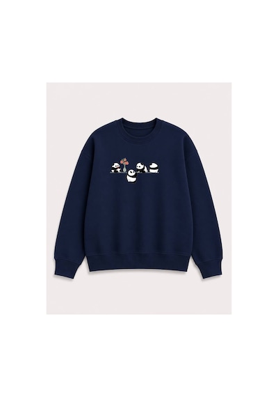 Herkesemoda Yavru Pandalar Baskılı 2 İplik Şardonlu Bisiklet Yaka Sweatshirt Lacivert