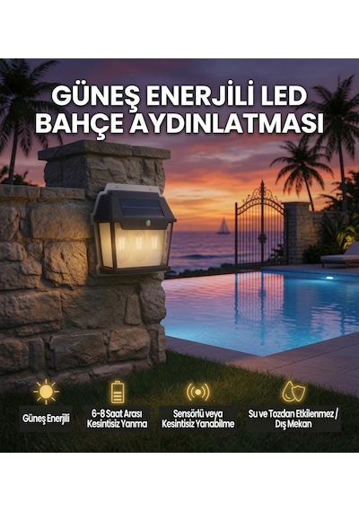 Güneş Enerjili Sensörlü Led Bahçe Duvar Apliği 3 Ampullü Solar Dış Mekan Aydınlatma Suya Dayanıklı
