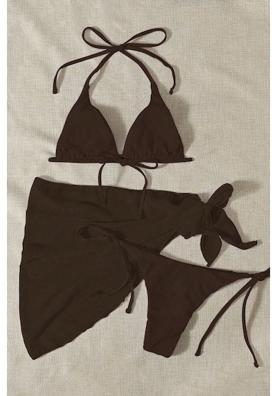 Angelsin Pareolu Bağlamalı 3'lü Bikini Takım Set Çıkartılabilir Kaplı Siyah