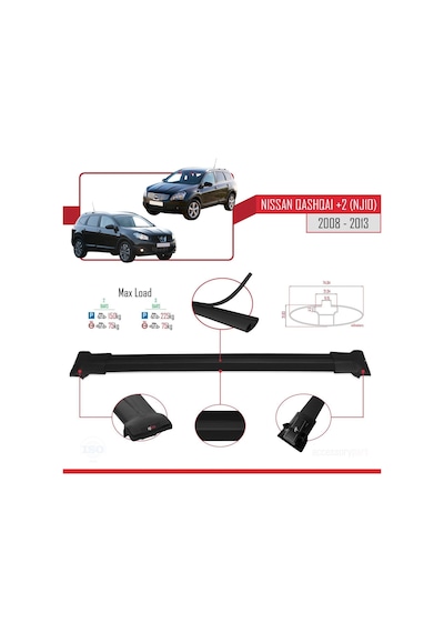 Nissan Qashqai +2 2008-2013 Arası İle Uyumlu Fly Model Ara Atkı Tavan Barı Siyah
