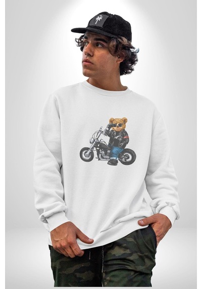 Kask Güneş Gözlüğü Motor Ayı Unisex Beyaz Baskılı Sweatshirt Beyaz