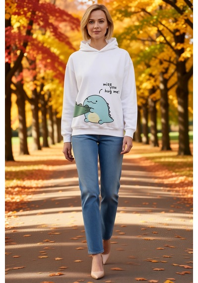 Ersefa Kadın Oversize Kapüşonlu Sweatshirt Sırt Baskılı Sevimli Dinozor beyaz