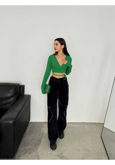 Shevega Kadın Siyah Bacak Yildizli Bol Paça Kot Jeans Pantolon Siyah