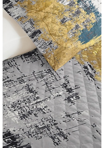 Geometrik Gri Mavi Genç Odası Tek Kişilik Pike Takımı-altın Modern 160x220 Cm Kapitone Yatak Örtüsü Kırık Kil Dokusu