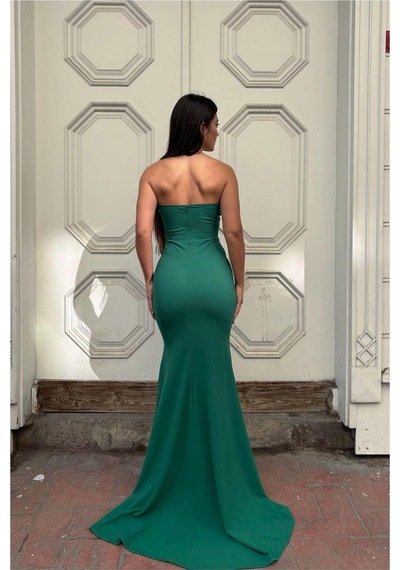 DefyModa Kadın Krep Kumaş V Yaka Balık Kesim Abiye Elbise Zümrüt
