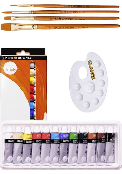 Daler Rowney Simply Akrilik Boya 12' Ml Godeli Palet Daler Rowney 4'lü Fırça Akrilik Set
