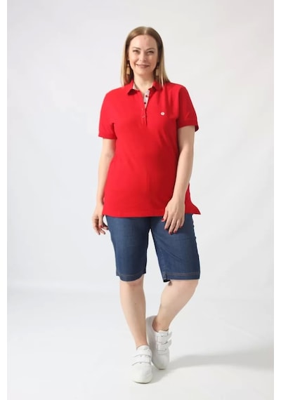 Moda Berray 21305 Kısa Kollu Büyük Beden Lakost Kumas T-shirt Kırmızı Kırmızı