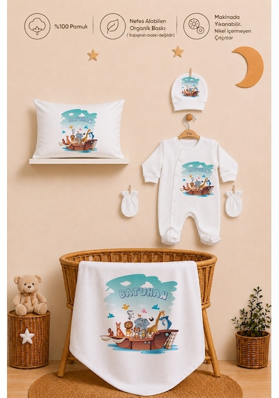 Pia Baby Erkek Bebek Yeni Doğan Hastane Çıkışı 11 Parça İsimli %100 Pamuk Organik Baskılı Set 2026110x Ekru