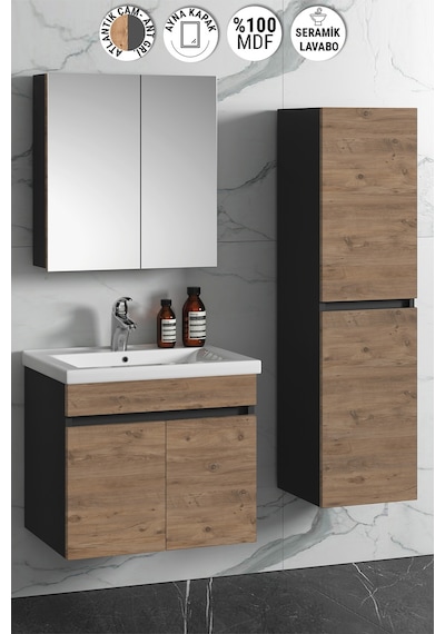 Çiğdem 55+35 Cm Antrasit Gri Mat- Atlantik Çam Mdf Seramik Lavabo Antrasit - Atlantik Çam