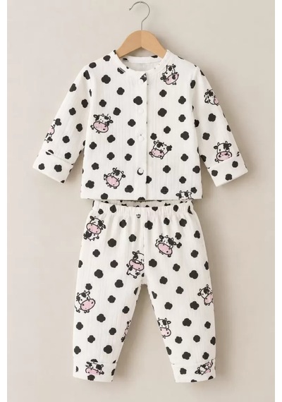 Veraura Lifestyle 3-12 Ay İnek Baskılı Çıtçıtlı Penye Bebek Pijama Takımı ekru