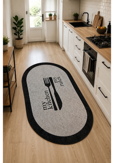 Myrol Oval Makinede Yıkanabilir Kaymaz Taban Leke Tutmaz Dijital Salon Halısı Mutfak Halısı Ve Yolluk Siyah - Oval