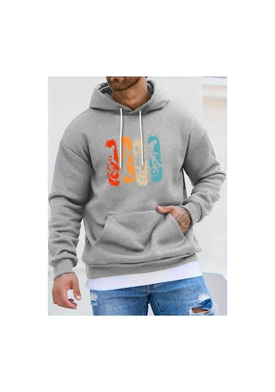Medinenur Renkli Bisiklet Baskılı Kapüşonlu Sweatshirt Gri