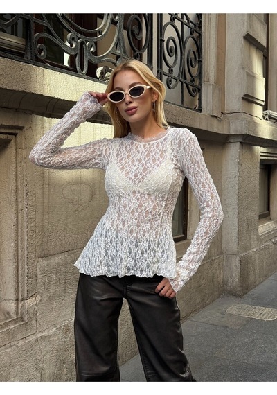 Mamayaga Kadın Bisiklet Yaka Full Esnek Dantel Bürümcük Spor Şık Tasarım Asimetrik Kesim Gece Bluzu Beyaz