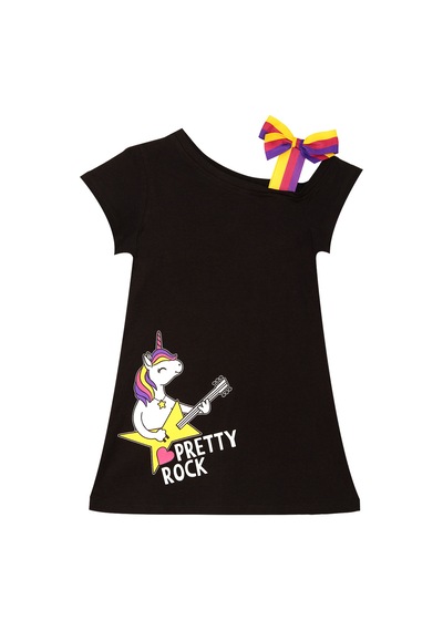 Unicorn Rock Kız Çocuk Siyah Yazlık Penye Elbise