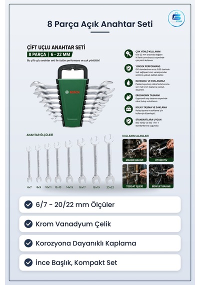 Açık Anahtar Seti 8 Parça Çift Uçlu İle /22 Mm Krom Vanadyum Kapl