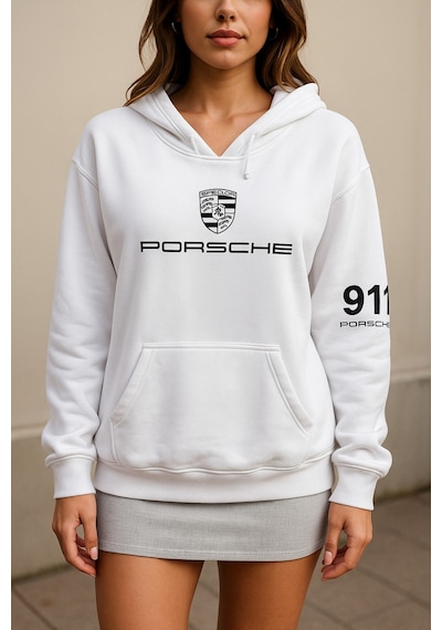 Hmo Store Unisex Porsche 911 Beyaz Hoodie Şık & Spor Kapüşonlu Beyaz