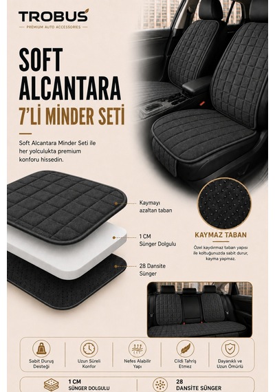 Opel Astra 2000-2004 Üniversal Soft Alkantra Kare Desen 7 Parça Oto Koltuk Minderi Antrasit