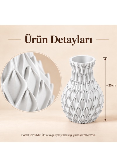 Yaprak Kabartmalı Dekoratif Vazo 20 Cm Kuru Çiçek Ve Pampas Vazosu Beyaz