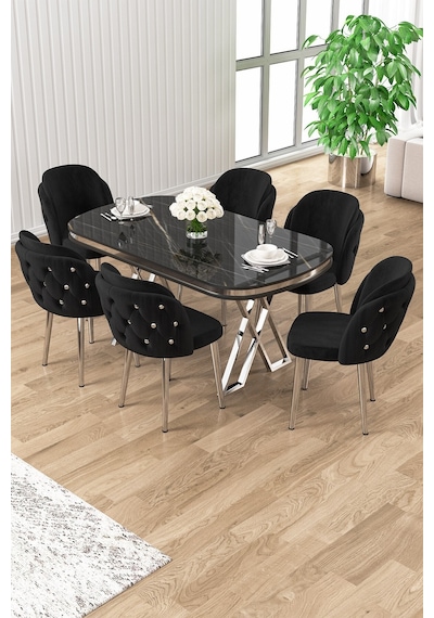 Canisa Zae Serisi 90x168 Lak Panel Siyah Mermer Desen Masa Takımı Krom Ayaklı 6 Siyah Sandalye Masa Siyah Mermer Desen Sandalye Siyah Canisa Zae Serisi 90x168 Lak Panel Siyah Mermer Desen Masa Takımı Krom Ayaklı 6 Siyah Sandalye Masa Siyah Mermer Desen Sandalye Siyah