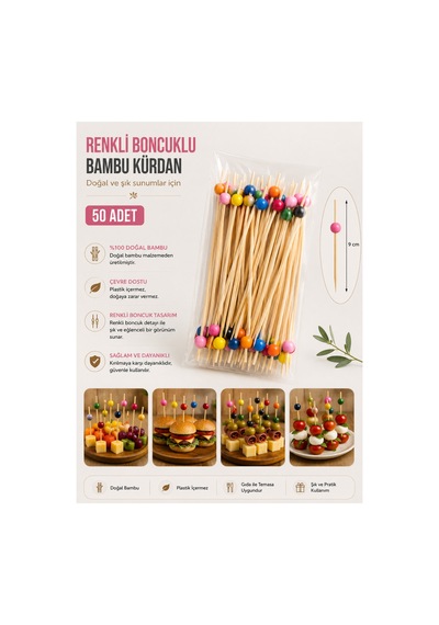 Renkli Boncuklu Bambu Kürdan 9 Cm 50 Adet - 913953997