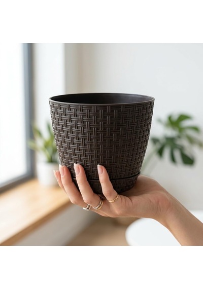 Deconox Hasır Örgü Görünümlü Plastik Saksı Seti 3 Adet, Suluk Alt