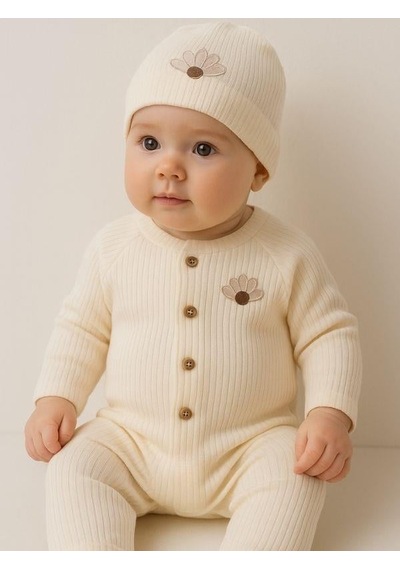 Zekids Kız Bebek Organik Pamuklu Çiçek Nakışlı Tulum Şapka Takım-16178 Krem