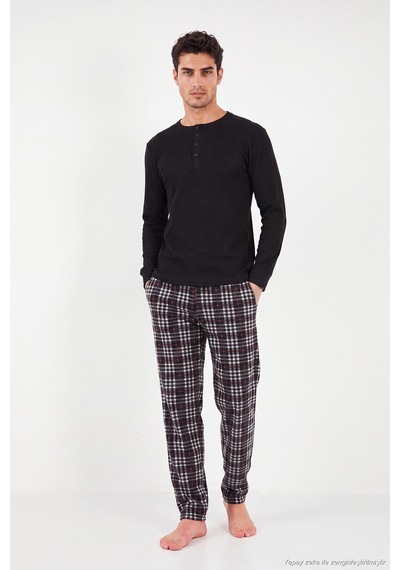 Buratti Lastikli Bel Düz Paça Yumuşak Dokulu Polar Pijama Altı Erkek Pijama Altı 6098001 Siyah-bordo