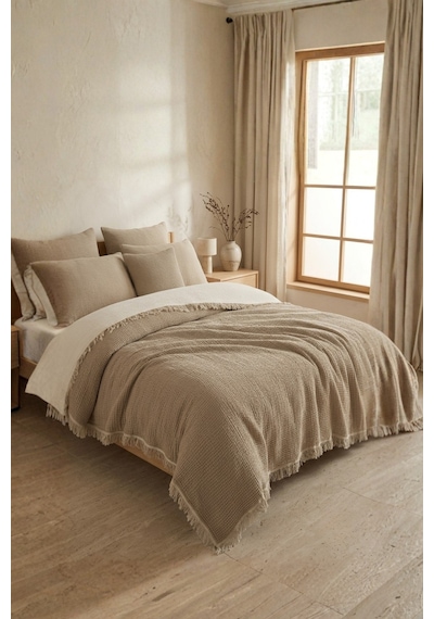 Natura Soft Ekru 4 Kat Müslin Çift Kişilik Yatak Örtüsü 220x230 Cm %100 Pamuk Çok Amaçlı Koltuk Örtüsü Ve Tv Battaniyesi Bej