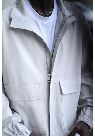 Oversize Gabardin Kumaş Astarsız Torba Cepli Dik Yaka Fermuar Kapamalı Baharlık Mont 001