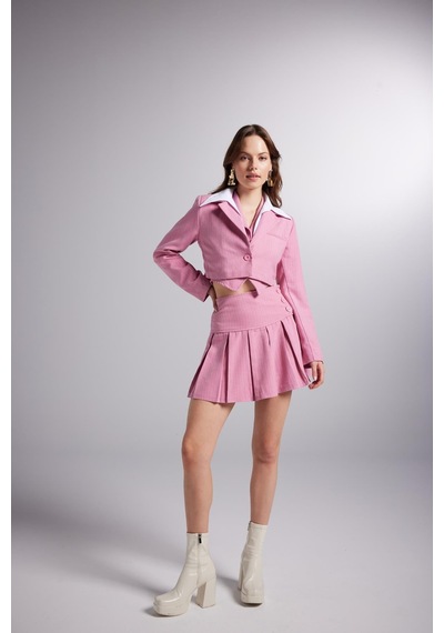 Holly Lolly Çıkarılabilir Gömlek Yakası Detaylı Çizgili Crop Kira Blazer Ceket Pembe