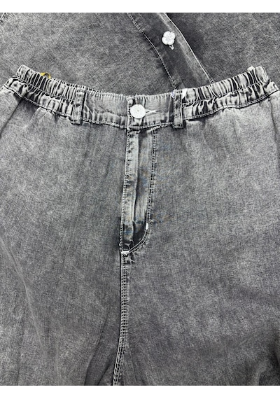 Büyük Beden Yakalı Düğmeli Tunik Gömlekli Paçası Dantel Detaylı Denim Kadın İkili Takım Gri