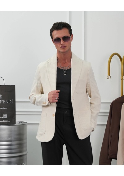 Modefendi %100 Pamuk Keten Modern Fit Keten Ceket Krem