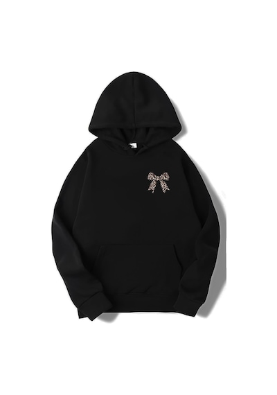 Brz Collection Unisex Oversize Leopar Kurdele Desenli Hoodie Siyah