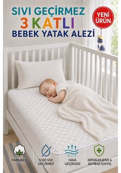 Desert Touch %100 Pamuk Sıvı Geçirmez Kapitoneli 3 Katlı Bebek Çocuk Yatak Koruyucu Alez Beşik Anaokulu Kreş Alezi Beyaz